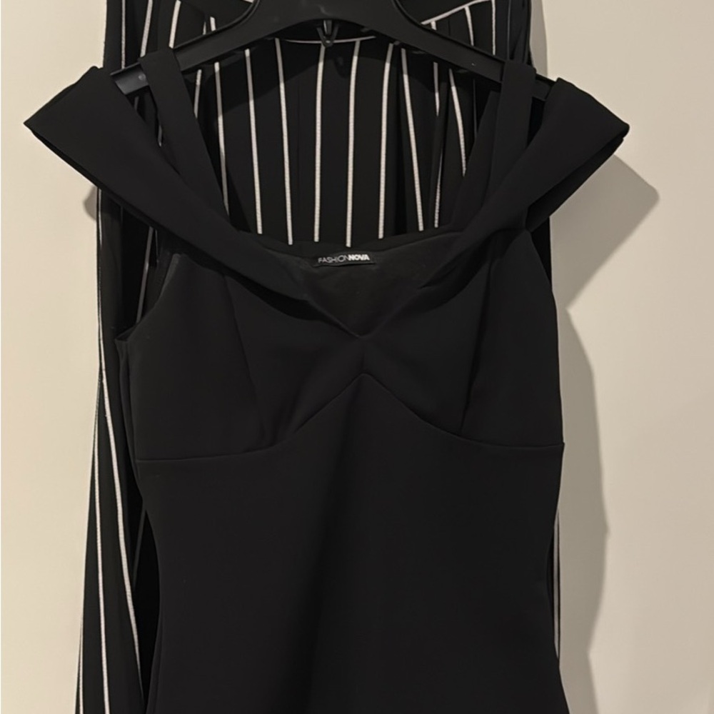 Fashion Nova off the shoulder Black Top & Stripped Palazzo Pants